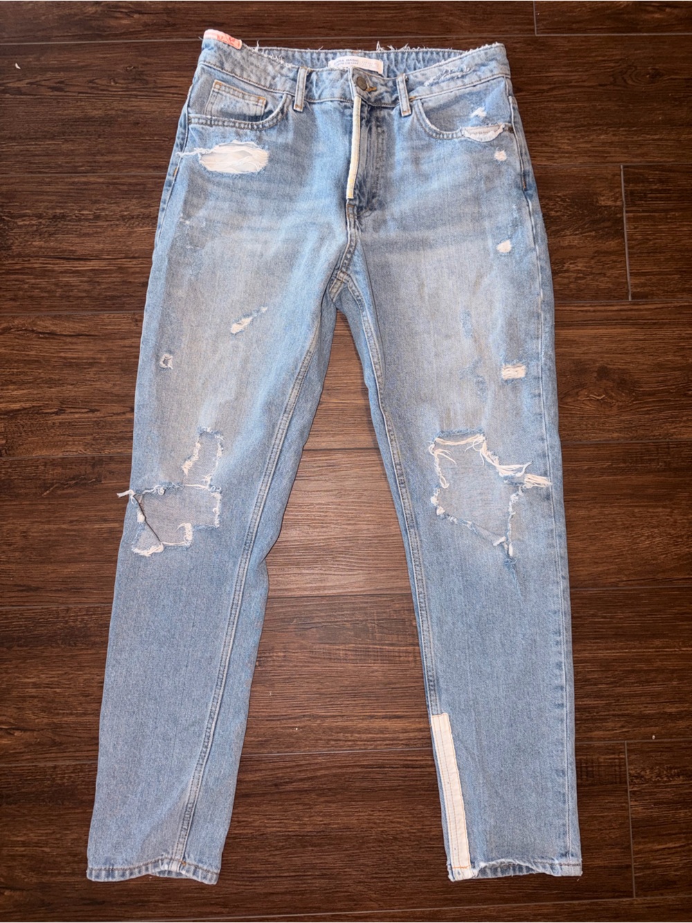 Zara Light Blue Distressed Straight Leg Jeans with Side Panel